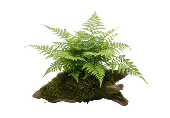 Fern growing on mossy wood isolated on transparent background