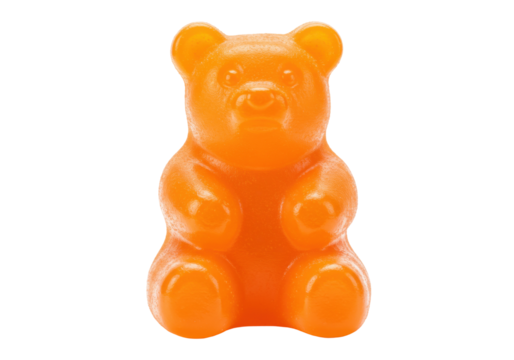 Orange gummy bear isolated PNG, sweet candy treat for kids and adults on transparent background