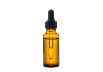 Amber glass bottle with dropper isolated, essential oil container for aromatherapy and skincare on...