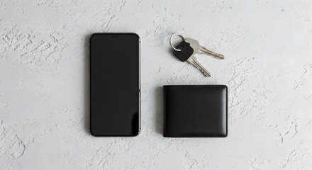 Essentials on a Textured Surface: A Phone, Wallet, and Keys, Every Day Carry Items Lay Flat on a White Background, Minimalist Arrangement of Personal Belongings