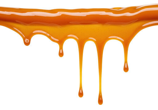 Golden caramel sauce dripping isolated on transparent background, sweet dessert topping for ice cream and confectionery use