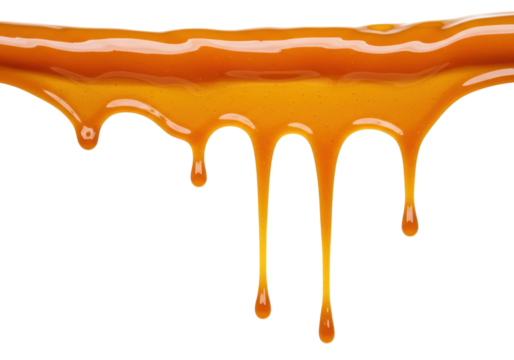 Golden caramel sauce dripping isolated on transparent background, sweet dessert topping for ice cream and confectionery use - Powered by Adobe