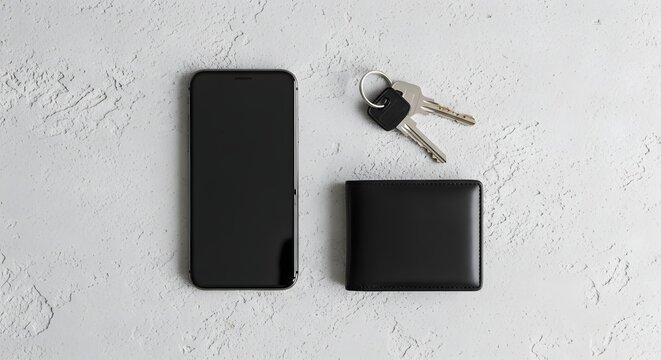 Essentials on a Textured Surface: A Phone, Wallet, and Keys, Every Day Carry Items Lay Flat on a White Background, Minimalist Arrangement of Personal Belongings