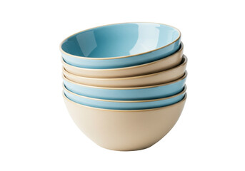 Fototapeta premium Stack of six ceramic bowls isolated on transparent background, light blue and beige kitchenware for food serving
