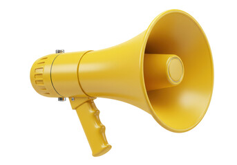 Yellow megaphone isolated on transparent background, bullhorn public address system PNG for announcements and emergency