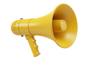 Yellow megaphone isolated on transparent background, bullhorn public address system PNG for announcements and emergency