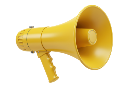 Yellow megaphone isolated on transparent background, bullhorn public address system PNG for announcements and emergency