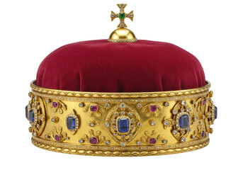 Imperial Crown of Austria isolated, gold and jewel-encrusted crown with red velvet cap, royal symbol of the Austrian Empire