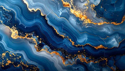 Plexiglas schilderij Kristal Abstract image showcasing swirling blue and gold fluid patterns, simulating a gemstone-like texture. Light reflects throughout, creating depths and layers  © Dag