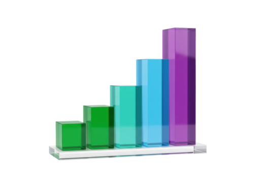 Colorful transparent bar graph isolated on transparent background, business growth chart in PNG format