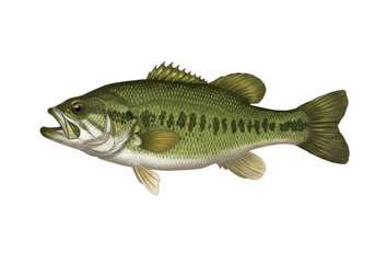 Largemouth bass fish isolated on transparent PNG, freshwater game fish with green and black markings for fishing and wildlife themes