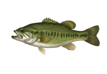Largemouth bass fish isolated on transparent PNG, freshwater game fish with green and black markings for fishing and wildlife themes