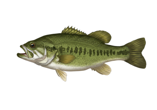 Largemouth bass fish isolated on transparent PNG, freshwater game fish with green and black markings for fishing and wildlife themes
