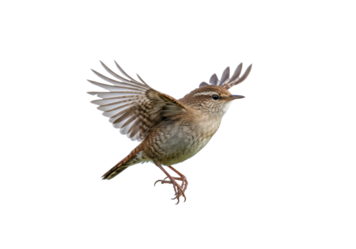 Eurasian wren in flight PNG isolated on transparent background, small brown bird with wings spread for nature designs