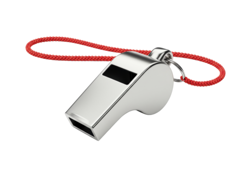 Shiny metal whistle with red lanyard on transparent background isolated PNG format image for sports and safety use