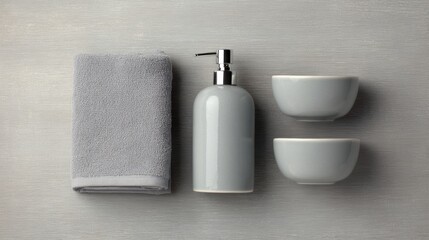 Fototapeta premium Minimalist overhead arrangement of light gray ceramic bath accessories, enhancing modern bathroom decor.
