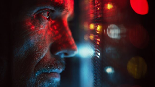 Guardian in the shadows: defending against digital invasion. Trading data. Digital guardian analyzes server warnings amid flickering red alerts. Analytics dashboard. Profit analytics.