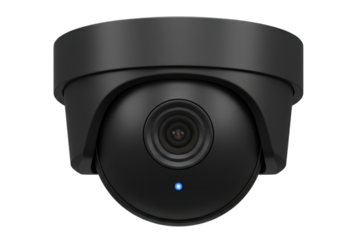 Black dome security camera PNG isolated on transparent background for surveillance and protection systems Modern CCTV equipment
