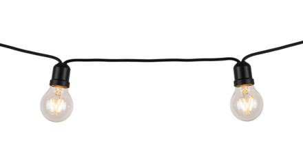Two clear glass Edison bulbs with visible filaments hang from a black cord, isolated on a white or transparent background, cutout, PNG