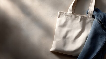 Minimalist mockup featuring tote bag and jeans, highlighting ethical and sustainable clothing.