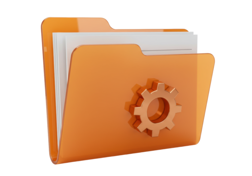 Orange folder with gear icon PNG on transparent background isolated for web design and development projects