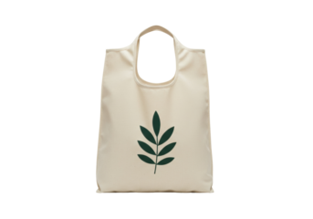 Reusable beige tote bag with green leaf isolated on white, eco-friendly shopping bag for groceries and sustainable lifestyle
