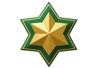 Golden six-pointed star isolated on transparent background, layered geometric shape with green outline for awards and holiday design
