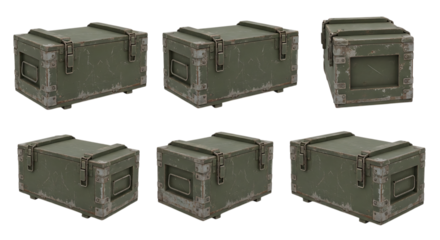 Set of six distressed olive green metal military ammunition crates with latches and handles, isolated on a white or transparent background, cutout, PNG