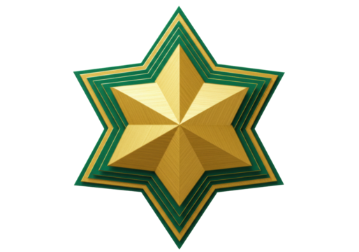 Golden six-pointed star isolated on transparent background, layered geometric shape with green outline for awards and holiday design