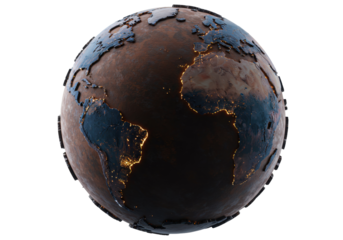 Detailed Earth globe with city lights isolated, 3D rendering of continents and oceans for geography and science education