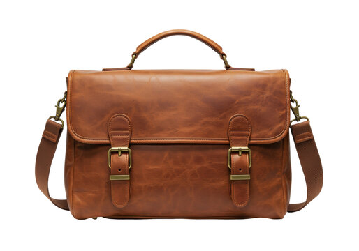 Brown leather satchel bag isolated, vintage style briefcase with shoulder strap for business and travel on a clean background