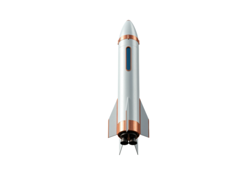 Silver and copper rocket ship isolated on transparent background, retro space exploration vehicle PNG - Powered by Adobe
