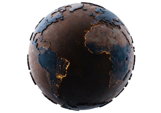 Detailed Earth globe with city lights isolated, 3D rendering of continents and oceans for geography and science education