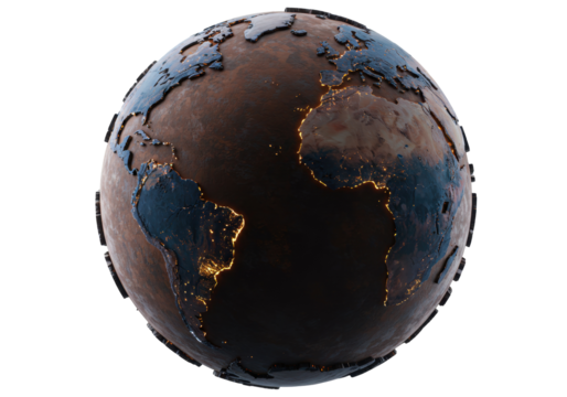 Detailed Earth globe with city lights isolated, 3D rendering of continents and oceans for geography and science education