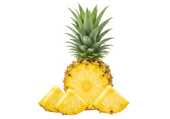 Fresh pineapple with slices isolated PNG, tropical fruit with green crown and yellow flesh for healthy eating and summer vibes