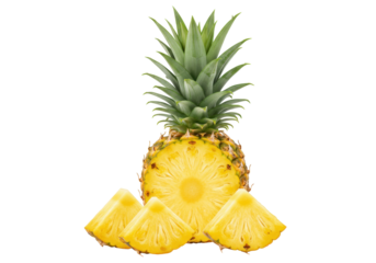 Fresh pineapple with slices isolated PNG, tropical fruit with green crown and yellow flesh for healthy eating and summer vibes