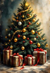 Snowy Christmas tree shining with lights, warm glow and soft colors create a cozy festive mood. Perfect for holiday prints and decor.