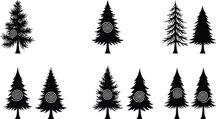 Pine tree silhouette, spiral motif vector, black forest illustration, nature icon set, abstract trees, minimal design, woodland, white background