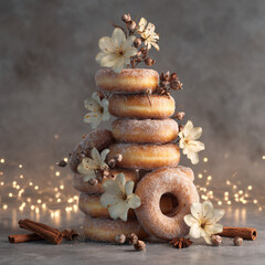 a big festive christmas tree decorated with cinnamon sugar donuts, sparkling lights, vanilla bean flowers, and cinnamon sticks