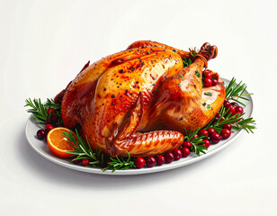 Deliciously roasted turkey served on a platter with herbs and fruits for a festive holiday celebration