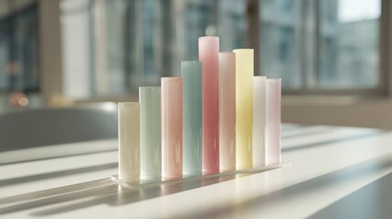Pastel translucent acrylic rods arranged on a white table in bright light, minimalistic still life with soft colors, concept of home decor, design studio, product photography