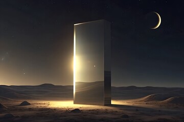 Mystical Glowing Rectangular Portal in Desert Landscape Under Crescent Moonlit Night Sky