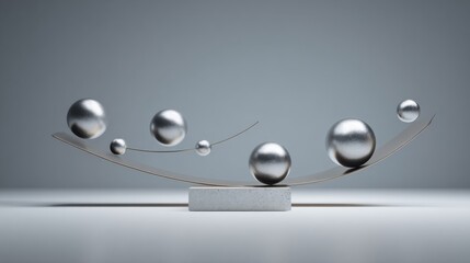 Metallic spheres balancing on curved surface minimal design composition concept of harmony physics precision technology and modern abstract equilibrium