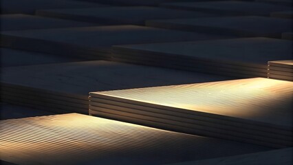Warm Illuminated Stacked Wooden Planks in Dark Minimalist Setting with Soft Light Rays