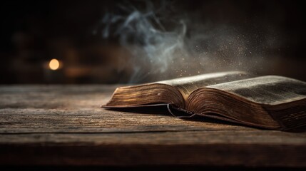 Old vintage book lying on wooden table in warm light with dust particles floating in air symbolizing knowledge wisdom history and mysterious storytelling