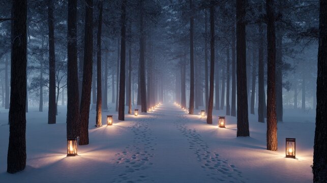 Snowy forest path lined with glowing lanterns at night leading into foggy distance creating peaceful winter mood and cozy Christmas holiday atmosphere