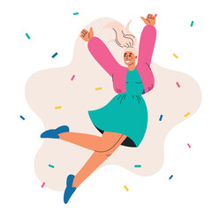 Joyful jumping woman. Diverse happy characters in dynamic poses celebrate success and freedom. Perfect for posters, websites, and positive projects.Flat vector illustration