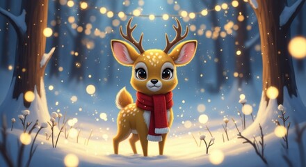 Fototapeta premium Charming young deer with delicate antlers and red scarf in snowy forest, warm glowing fairy lights