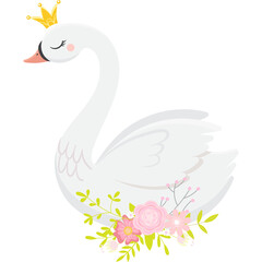 Cute Swan Princess Wearing Golden Crown Adorned With Pink Flowers and Green Leaves On Transparent Background