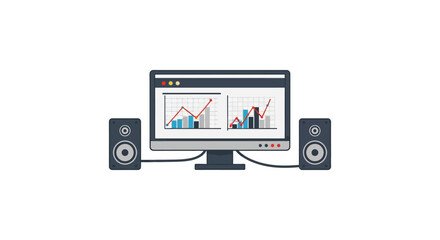 Computer monitor displaying a financial graph with two speakers on either side silhouette